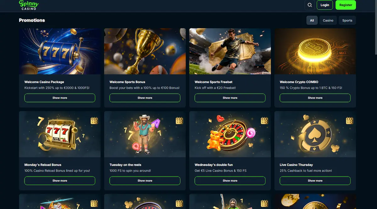 Uvítací bonus a bonusová nabídka ve Spinny Casino