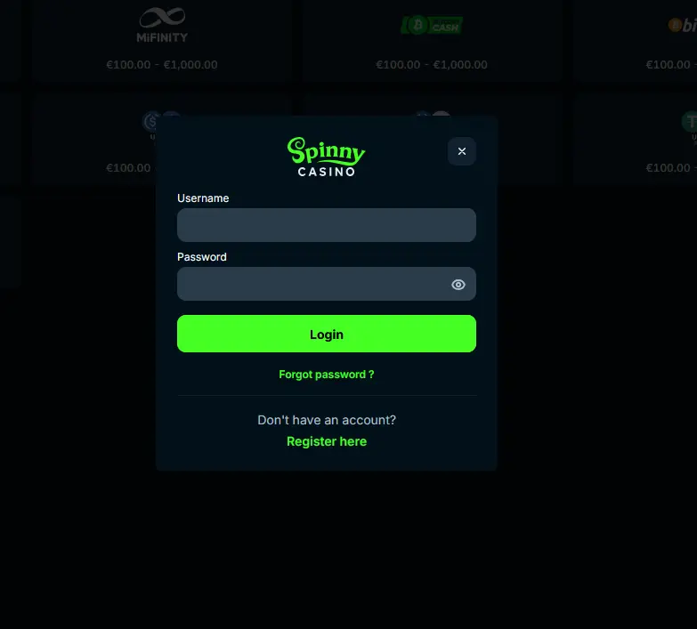 Přihlašovací formulář Spinny Casino