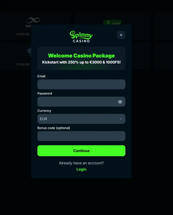 Registrační formulář nového účtu Spinny Casino